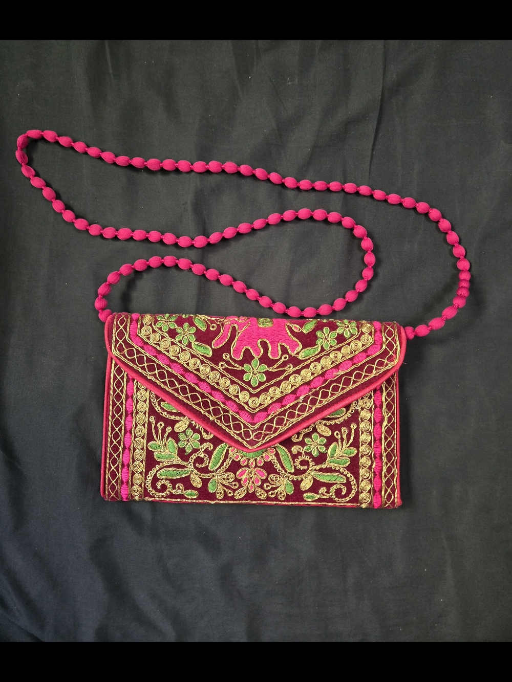 Embroidered Pink Velvet Crossbody Bag with Gold Accents